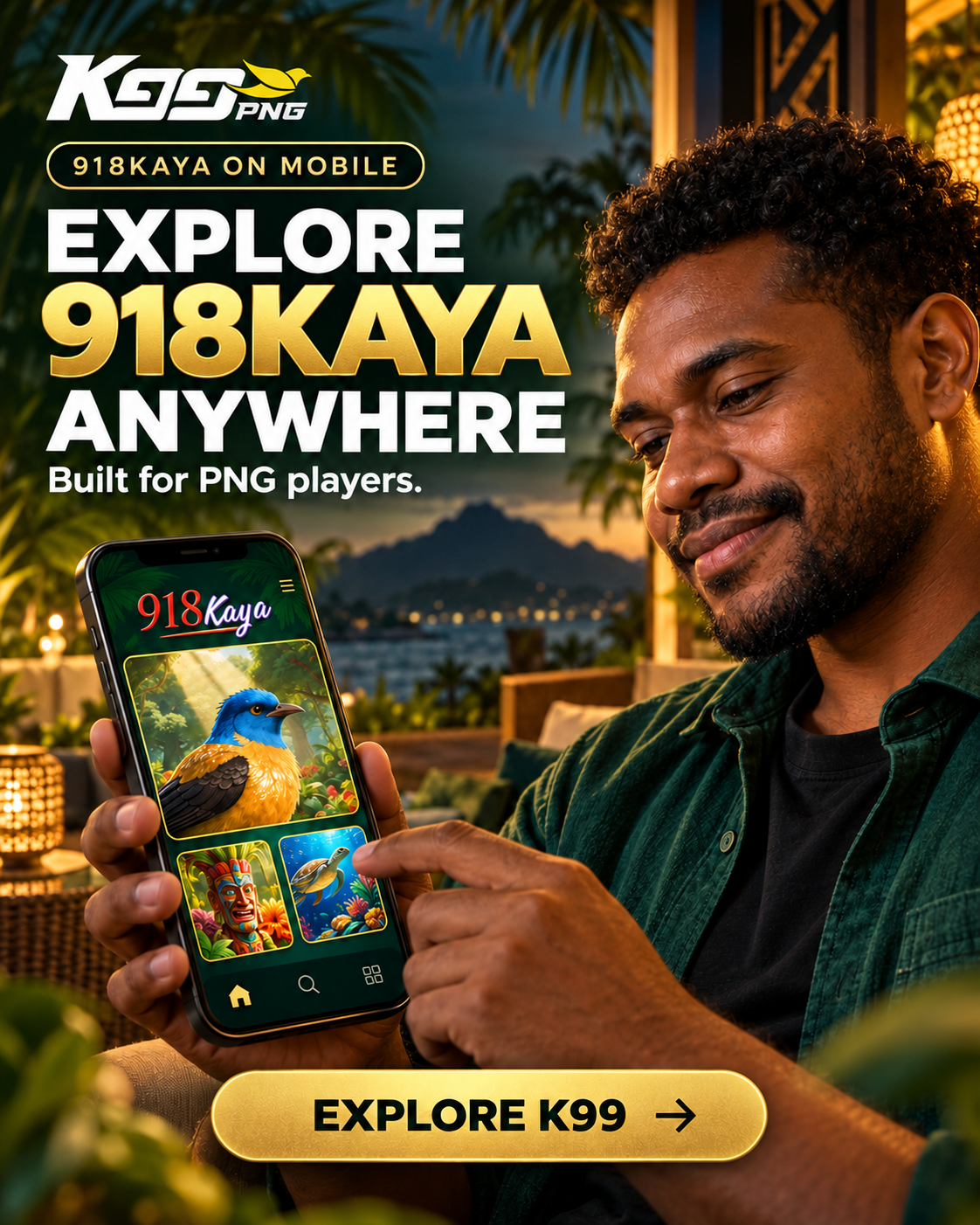 K99 918KAYA on Mobile campaign: an adult holding a phone displaying illustrative 918KAYA game artwork.